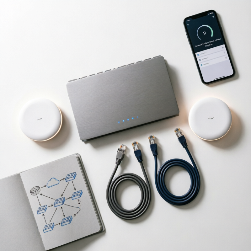 Flat lay of networking equipment that Optimum Router uses - including Wi-Fi routers, ethernet cables, mesh nodes, and a smartphone displaying speed test results