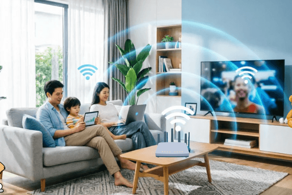 Modern home with strong WiFi connectivity showing multiple devices connected to a router compatible with Optimum internet