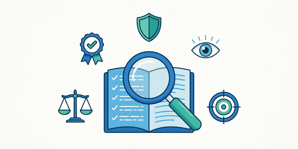 Illustration representing editorial integrity principles including fact-checking, independence, transparency, accuracy, and fairness