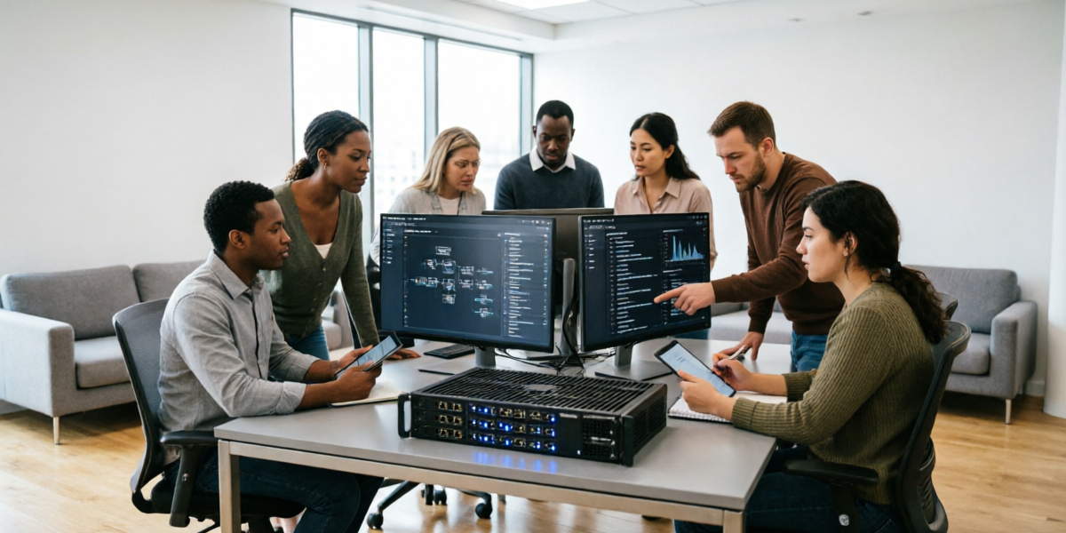 OptimumRouter editorial team collaborating in a modern office environment, reviewing router testing data and network performance metrics on large displays