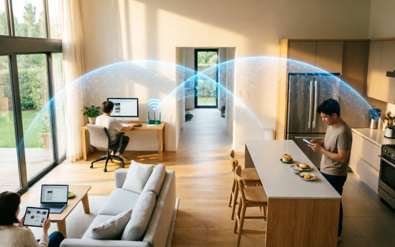 Modern smart home with seamless Wi-Fi coverage showing multiple connected devices across different rooms as conceptualized by Optimum Router