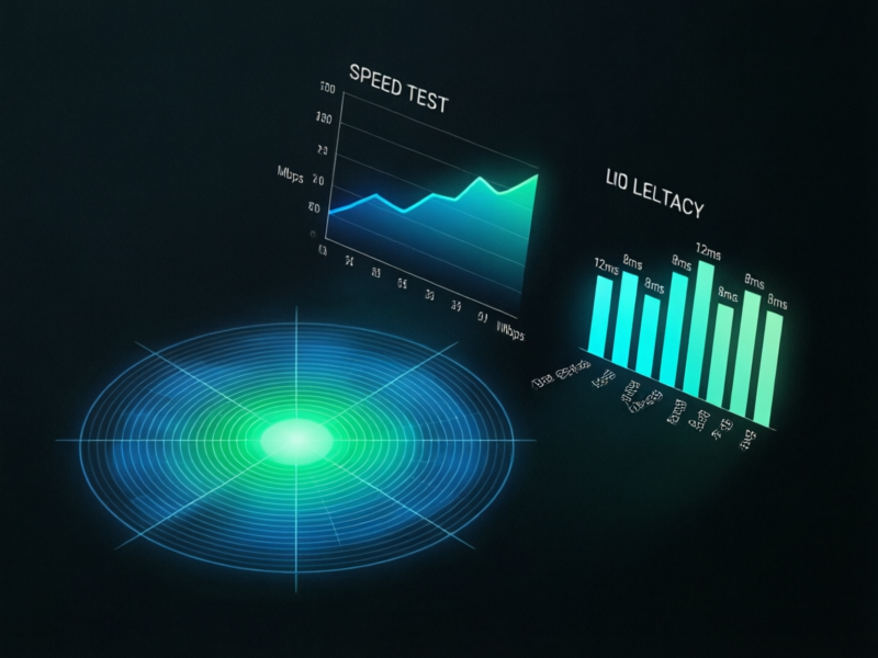 Network performance data visualization showing speed test graphs, latency charts, and signal coverage heat maps