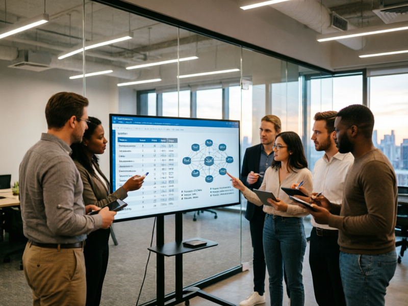 OptimumRouter editorial team collaborating around a monitor displaying router comparison data and network topology diagrams