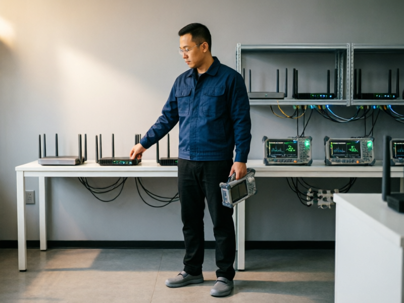 OptimumRouter testing lab with multiple Wi-Fi routers and mesh systems being evaluated for performance, signal strength, and security