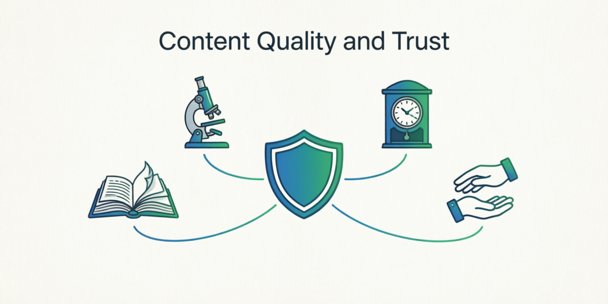 Abstract illustration of content quality and trust showing interconnected nodes with a central shield representing editorial standards, connected to icons representing research, accuracy, and accountability