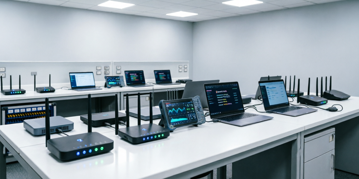 Professional networking lab with multiple WiFi routers, mesh systems, and testing equipment arranged on workbenches with performance monitoring displays