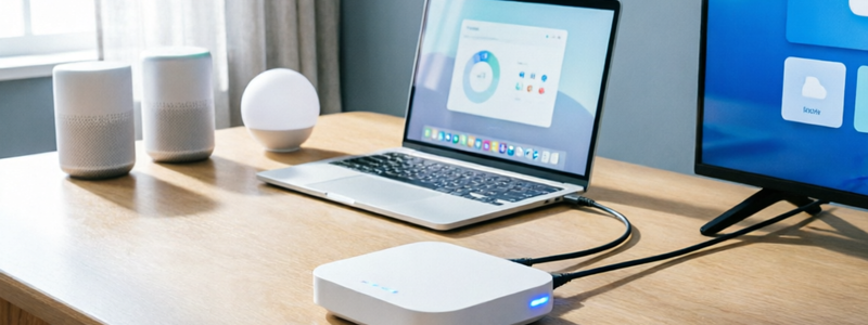 Modern home office setup showing an Optimum compatible internet router connected to multiple devices including laptop, smartphone, and smart home devices for Optimum internet